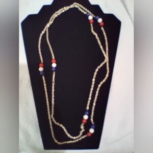 VTG Red White Blue Acrylic Bead Station  Chain Endless Necklace 54" Patriotic